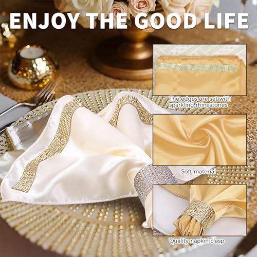 12 Pack Cloth Napkins and Gold Napkin Rings Set of 6, 17x17 Bling Trim Satin Cocktail Napkins Cloth Washable Personalized Dinner Napkins for Wedding Party Holiday Decorative | 17x17 Inch Personalized Gold Napkins Set, Washable Fancy Dinner & Cocktail Napk