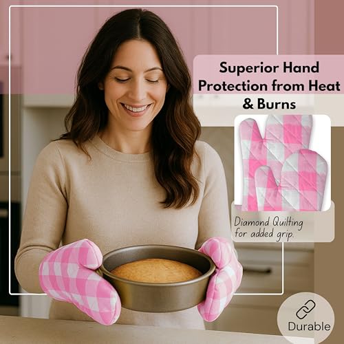 Native Fab Buffalo Plaid Check Oven Mitts and Pot Holders Set of 4, 100% Cotton Heat Resistant Kitchen Gloves, 2 Oven Mitts (7x13), 2 Pot Holders (8x8) for Cooking & Baking, Pink White - color: Buffalo, Rose Pink