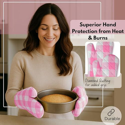 Native Fab Buffalo Plaid Check Oven Mitts and Pot Holders Set of 4, 100% Cotton Heat Resistant Kitchen Gloves, 2 Oven Mitts (7x13), 2 Pot Holders (8x8) for Cooking & Baking, Pink White - color: Buffalo, Rose Pink