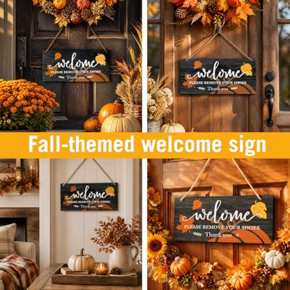 Welcome Please Remove Your Shoes Wooden Door Sign, 12x5 Inch Rustic Entryway Hanging Decor for Front Porch Farmhouse Home -A02