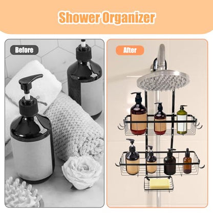 Bathroom Shower Caddy Hanging, Rustproof Waterproof | Metal, 6 Multi-Purpose Hooks, Storage Shelf, No Drilling Installation, Shampoo Soap Towel Organizer