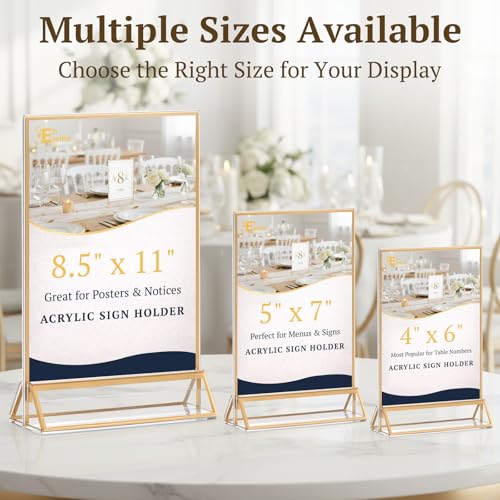 EHWINE 6 Pack Acrylic Sign Holder 4 x 6, Double Sided Gold Picture Frame Stand up Table Top Sign Holders, Clear Display Stand Menu Flyer Holder for Wedding Party