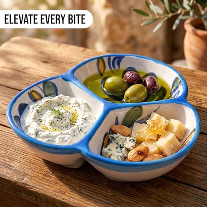 3-Compartment Ceramic Serving Dish, Handmade in Spain | 7.5” divided chip and dip bowl with lead-free glaze, microwave, oven and dishwasher safe, ideal for tapas, snacks and sauces - color: Blue Daisy