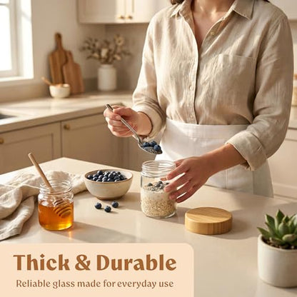 Overnight Oats Containers with Lids - Glass Mason Jars, Meal Prep | Bamboo Wood, Airtight Silicone Seal Set of 4 - Stackable for Chia Pudding, Yogurt, Cereal, Oatmeal, Salad, Pantry Storage - color: 4 pack - Bamboo Lid no Spoons