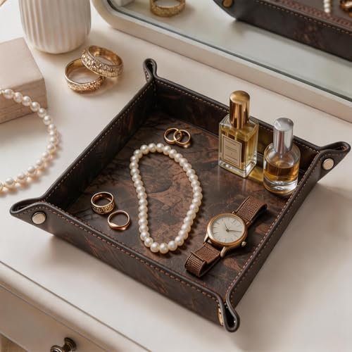 Valet Tray Desktop Storage Organizer – Vegan Leather Catchall Bedside Vanity Tray Nightstand Caddy Holder for Remote Controller, Watch, Keys, Phone, Wallet, Coin, Jewelry, Marble Brown - color: Marble Brown