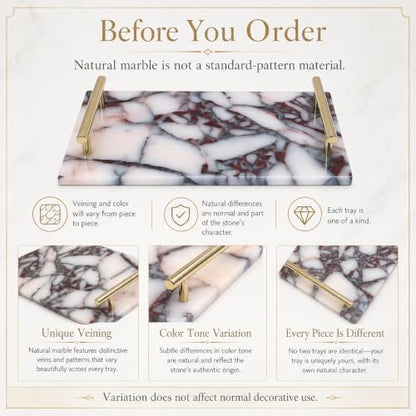 Calacatta Viola Marble Bathroom Tray with Gold Handles, Natural Stone Vanity Organizer for Towels and Essentials (with Handle 30x20cm) - color: With Handle 30x20cm