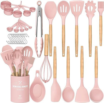 Umite Chef Silicone Kitchen Utensils Set, 33 Piece Non-Stick Kitchen Utensils with Stand, Wooden Handle, Pink - color: Pink