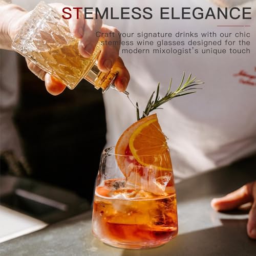 Stemless Wine Glasses Set of 6-15oz【Hand-Blown】 Durable Red White Wine Glasses,Unique Crystal Gifts for Him/Her for Wedding, Birthday,Father's Day - style: 6 Count (Pack of 1)
