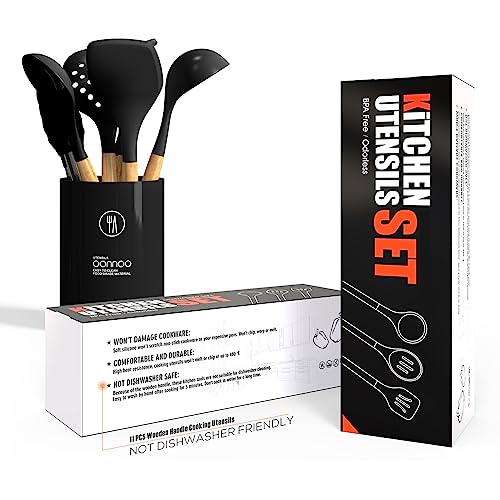 oannao Silicone Cooking Utensils Set - 446°F Heat Resistant Silicone Kitchen Utensils for Cooking,Kitchen Utensil Spatula Set w Wooden Handles, BPA FREE Gadgets for Non-Stick Cookware (Black) - color: Black