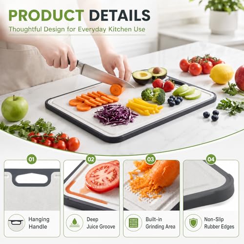 Double Sided Titanium Cutting Board for kitchen | Reversible Non-Toxic Chopping Board, Non-Slip Feet & Juice Groove, Grater Zone, Quick-Rinse Cleanup, 16"x11"