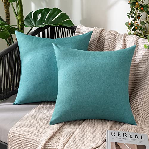 MIULEE Decorative Outdoor Pillow Covers Waterproof 16x16 Turquoise | Solid Faux Linen Throw Pillow Covers Set of 2 Farmhouse for Patio Furniture Tent Balcony Garden Couch Sofa Cushion - color: Turquoise, size: 16" x 16" (Pack of 2)