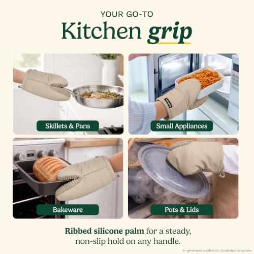 Cuisinart Mini Oven Mitts, 2-Pack 5"x8.5", Heat Resistant 500F | Compact pot holder for baking, air fryer, and cookware, silicone non-slip grip, hanging loop, fits either hand, wipes clean - color: Beige