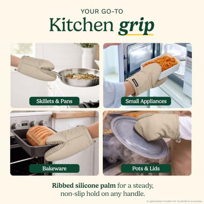 Cuisinart Mini Oven Mitts, 2-Pack 5"x8.5", Heat Resistant 500F | Compact pot holder for baking, air fryer, and cookware, silicone non-slip grip, hanging loop, fits either hand, wipes clean - color: Beige