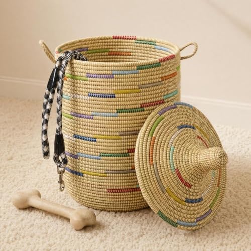 Decorative African Hooded Basket with Lid and Handles, 15" Wide, 19" Tall (Beige Colorful) - color: Beige Colorful