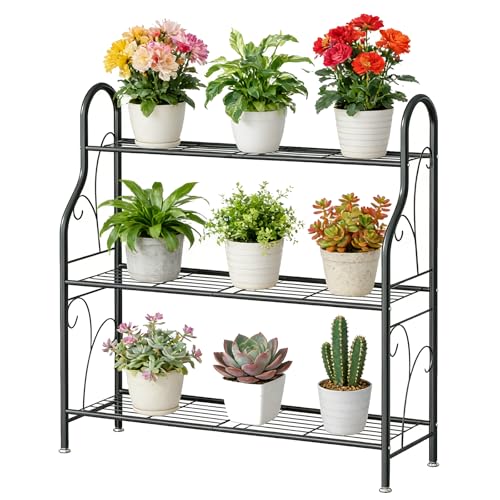 SORCEDAS Plant Stand Indoor Outdoor 3 Tier Metal Corner Flower Shelf | Plant Rack for Multiple Plants, Space-Saving Plant Holder for Patio, Garden, Balcony, Living Room - size: 3 Tier-Dark Grey