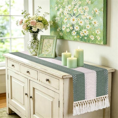 72" Sage Green Table Runner, Boho Woven Cotton with Tassels, Wedding - color: Sage Green, size: 72 inches
