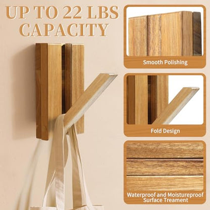 2 Pcs Folding Wall Hooks, Vintage Wooden Wall Hooks Heavy Duty for Hanging Hats, Towels & Bags – Space-Saving Sleek Design, Blending Modern & Rustic Styles