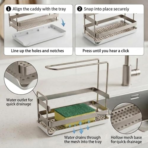 Kitchen Sink Caddy,Sponge Dish Brush Holder Brushed Nickel | Carbon Steel, Towel Rack & Removable Drain Tray, Sponge & Brush Organizer, Compact Sink Storage, Fits Standard Kitchen Sink