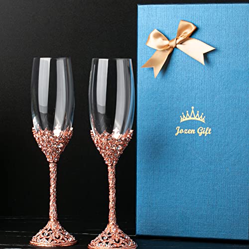 Champagne Flutes - Crystal Glass Metal Base With Crystal Stones, Set of 2 Toasting Flute Pair, Wedding Anniversary Party Birthday Banquets and Gifts for Bride and Groom (Rose Gold) - color: Rose Gold