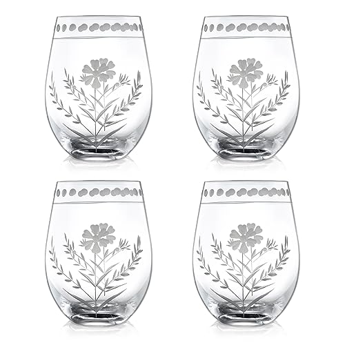 Joeyan Hand Blown Etched Stemless Wine Glasses,Carved Red and White Wine Tumbler with Floral Pattern,Clear Drinking Glass Cups,Glassware for Birthday Party Anniversary,19 oz,Set of 4,Dishwasher Safe - color: Wine Glasses