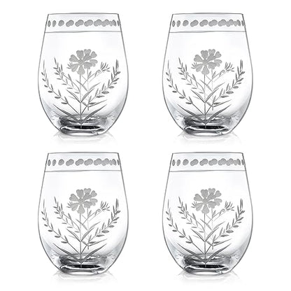 Joeyan Hand Blown Etched Stemless Wine Glasses,Carved Red and White Wine Tumbler with Floral Pattern,Clear Drinking Glass Cups,Glassware for Birthday Party Anniversary,19 oz,Set of 4,Dishwasher Safe - color: Wine Glasses