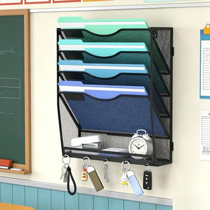 Gawerk 5-Tier Hanging Wall File Organizer with 5 Hooks - Wall Mounted Mail Paper Document Folder Holder, Sturdy Mesh Magazine Rack for Office Home - size: 4+1 Tier