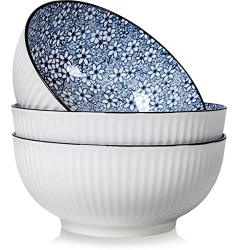 Houlu 60 oz Pho Bowls, Large Soup Bowl, Japanese Ramen Bowl Set, 8 inches Big Porcelain Bowls Set of 3, Wave Pattern - color: Floral Pattern