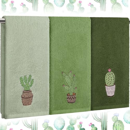 3 Pcs Green Cactus Summer Hand Towels for Bathroom | 29.5 x 13.8'', 100% Cotton, Embroidered Absorbent Soft Decorative Bath Hand Towels for Bathroom Kitchen Gift Decor - color: Green, style: Cactus