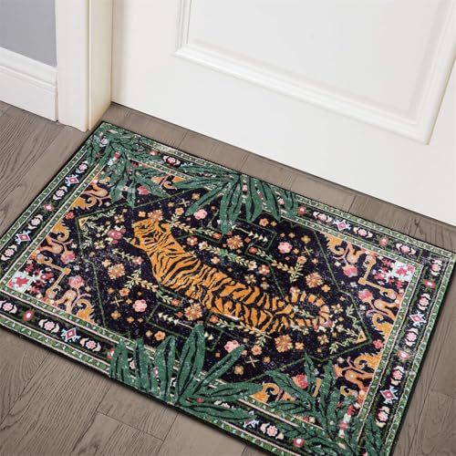 Oriental Tropical Entryway Rugs Washable, Thin Black Boho Vintage Distressed Hippie 2x3 Throw Rugs for Bathroom Kitchen Indoor Doormat Non-Slip Abstract Botanical Tribal Indian Accent Carpet - color: Black, size: 2' x 3'