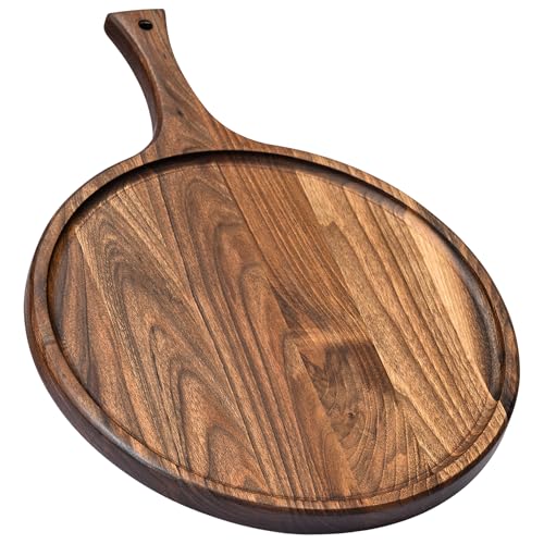 Round American Dark Walnut Wood Cutting and Serving Board with Handle - Charcuterie Wooden Board - Stylish Versatility for Your Kitchen - 17x13x0.8 in - Woodie Poppins (Large)