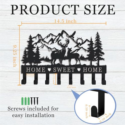Deer Metal Key Holder for Wall, 14.5" X 9.2", Key Hooks for Wall Organizer, Key Rack, Forest Theme Coat Hat Towel Hooks, Ideal for Living Roo - size: Medium, style: Sweet Home