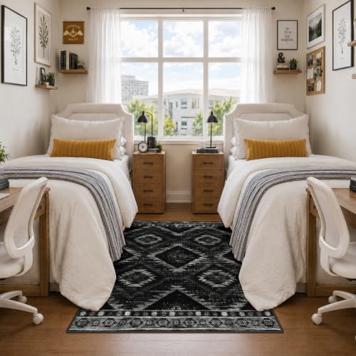 4'x6' Washable Area Rug for Living Room Bedroom Black | Soft Western No Slip Low Pile Print Foldable Indoor for Kitchen Dining Room - color: Black, size: 4' x 6' (Rectangular)
