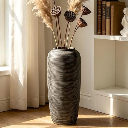 Brown Rustic Ceramic Floor Vase, 15.7 Inch, Ribbed Texture | Living Room, Entryway, Fireplace, Pampas Grass, Dried Branches - size: 15.7 Inch