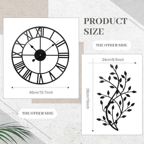Otoolling 15.7 Inch Metal Wall Clock Metal Tree Leaf Wall Decor Silent Vine Olive Branch Leaf Art Clock for Home Bedroom Living Room Decorations