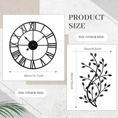Otoolling 15.7 Inch Metal Wall Clock Metal Tree Leaf Wall Decor Silent Vine Olive Branch Leaf Art Clock for Home Bedroom Living Room Decorations