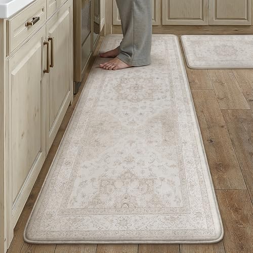 Kitchen Mats 2PCS Anti Fatigue Cushioned Mat Beige Vintage Kitchen Mats for Floor Waterproof Non Slip Comfort Standing Oriental Medallion Rug for Sink Laundry Office 17.3"x59"+17.3"x30" - color: Distressed | Beige, size: 17.3"x59"+17.3"x30"--0.4inch