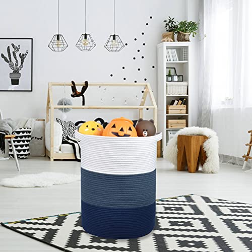 Cotton Rope Blanket Basket, 72L Tall Laundry Hamper, White & Blue | 16"x 22", Large Collapsible Woven Nursery Hamper with Sturdy Handles for Clothes Toys Towels, Bedroom Living Room Bathroom - color: White & Cadet Blue & Navy Blue, size: 72L (16"x22")