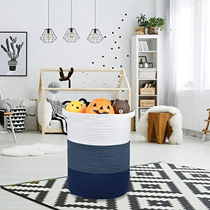 Cotton Rope Blanket Basket, 72L Tall Laundry Hamper, White & Blue | 16"x 22", Large Collapsible Woven Nursery Hamper with Sturdy Handles for Clothes Toys Towels, Bedroom Living Room Bathroom - color: White & Cadet Blue & Navy Blue, size: 72L (16"x22")