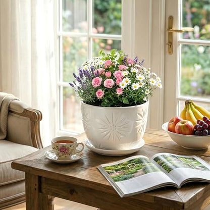 MyGift 7 Inch Round White Ceramic Plant Pot with Drainage Hole and Attached Saucer, Modern Decorative Embossed Sunburst Planter Container for Indoor Home Garden | 7-Inch Round Embossed Sunburst Design for Indoor Plants, Succulents, Herbs, Flowers & Home G