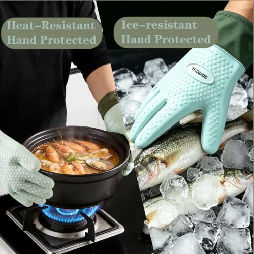 Silicone Oven Gloves with Fingers Heat Resistant 450°F in Kitchen | 1Pair Silicone Oven Mitts, Waterproof, Non-Slip, Extended Cuff Cotton Lined Kitchen Mitts for Baking Cooking Barbecue(Green) - style: green-large