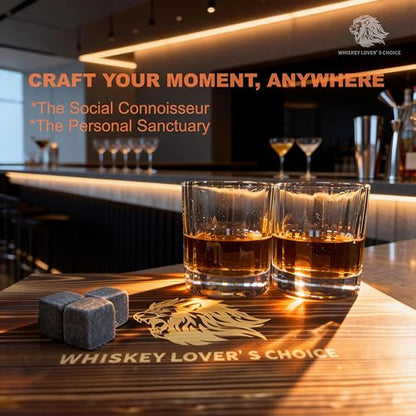 Whiskey Decanter Set 500ml(17oz), Lead-Free Crystal with 2 Glasses, Flat Panel for Custom Labels, Granite Chilling Stones, Slate Coasters, Premium Pine Gift Box, Compact Bar Kit for Bourbon Scotch