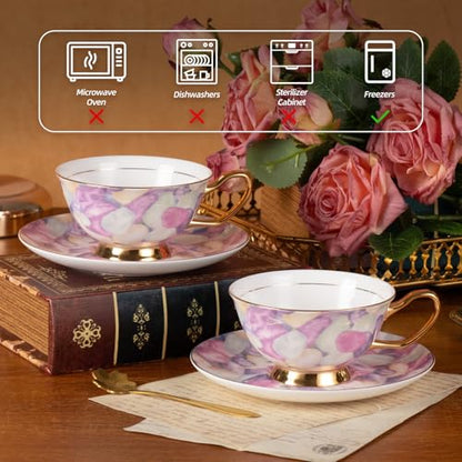 KAMMAK Tea Cups and Saucers Set of 2, Porcelain Coffee Cups, JBE024 | Stackable Espresso Mugs, Ceramic Demitasse for Coffee, Cappuccino, Latte, Americano, Tea - size: 8CZJBE024