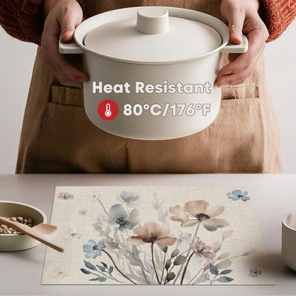 Artoid Mode Brown Poppy Floral Vinyl Plastic Placemats Set of 4, Washable Non-Slip PVC Table Mats for Party Kitchen Dining Decor, 12x18 Inch - size: 12" x 18", Rectangular Set of 4