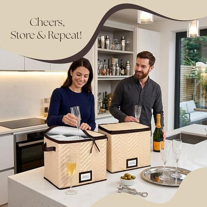 Wine Glass Storage Box with Dividers, Holds 12 Champagne Flute 3" Wide | 2 Pack, Stemware Storage Case, Protects Fine China, Durable Quilted Microfiber, Carry Handles, Ideal for Champagne Flute - size: Champagne Flute, style: 2 Pack