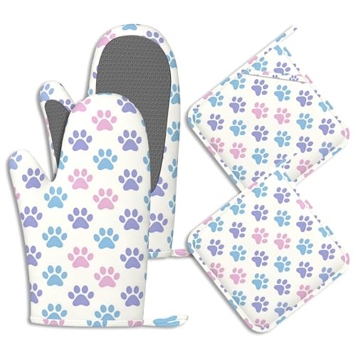 Oven Mitts and Pot Holders Sets Cats Dogs Paws Print Silicone Kitchen Mits Potholders Animal Footprints Heat Resistant 4Pcs Oven Gloves Hot Pads for Baking Cooking BBQ Grilling Home Decor - color: Cats Dogs Paws Print,animal Footprints