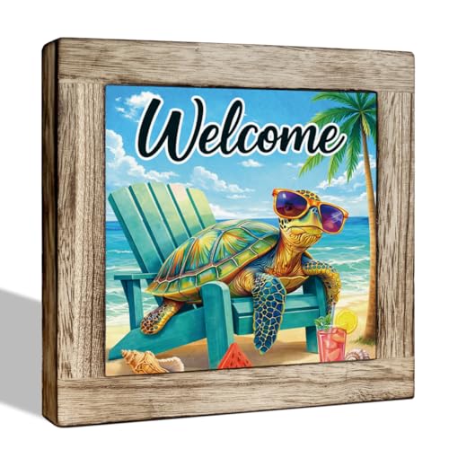 Summer Beach Welcome Wooden Sign - Welcome with Turtle Design, Coastal Style 5.9x5.9 Inches Wooden Block Sign for Front Door, Porch, Entryway, Nautical Beach House Decor - color: Summer 06