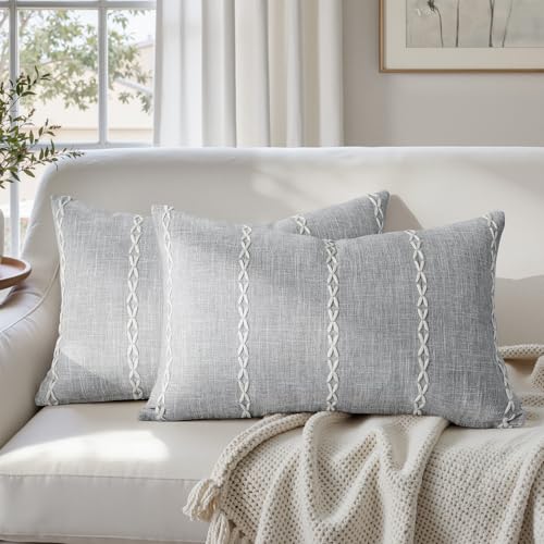 HOMEIDEAS Decorative Striped Throw Pillow Covers 20x12 Set of 2 | Gray Farmhouse Cushion Embroidered Pattern,Soft Linen Feel Textured Neutral,Couch Sofa Bed Living Room,Farmhouse Fall Decor - color: Light Grey Stripe, size: 20" x 12" (Pack of 2)