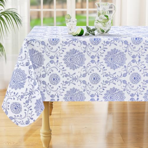 Rectangle Waterproof Vinyl Table Cloth, Wipeable Tablecloth with Flannel Backing, Plastic Table Cover for Dinner, Picnic, Indoor and Outdoor (Peony Pattern, 52" x 70") - color: Navy and White, size: 70" x 52" (Rectangular)