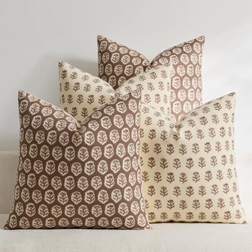 Set of 4 18x18 Floral Pillow Covers, Farmhouse Neutral Print Decorative Throw Pillow Covers for Couch and Living Room Bedroom Home Decor, Vintage Accent Square Pillow Cases, Brown - color: Brown