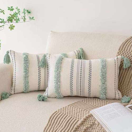 BUIOVBEY Boho Throw Pillow Covers Woven Tufted Pillow Cases with Tassels | Farmhouse Pillow Covers 12x20 Set of 2 Textured Striped Cushion Case Neutral Decorative Pillowcase for Sofa Couch Light Green - color: Light Green, size: 20" x 12" (Pack of 2)